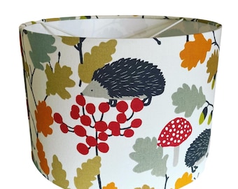 Handmade Fabric lampshade. 'Prickly' hedgehogs in Autumn colour-way by Prestigious Textiles.