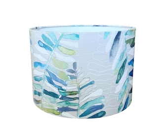 Voyage Azolla Lampshade | Blue Teal Leaf Drum Lamp Shade | Watercolour Botanical | Handmade Ceiling or Table Lampshade