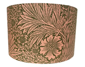 Handmade Designer Fabric lampshade. 'Marigold' by William Morris in Olive / pink colourway