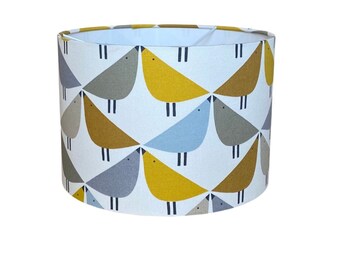 Handmade Designer Fabric Lampshade. Lintu birds, by Scion Uk. in Dandelion / Butterscotch/ Pebble colourway