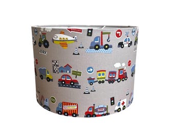 Handmade Children’s Drum Lampshade – Transport Vehicle Fabric | Kids Bedroom Lighting | Cars Trains Trucks Nursery Lamp Shade | Ceiling or T
