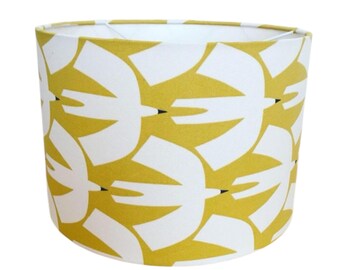 Handmade Designer Fabric Lampshade. Pajaro geometric birds by Scion in 'Dandelion' (Mustard)