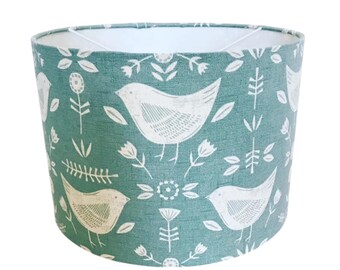 Handmade Fabric lampshade. 'Narvik' Scandi Birds by Fryett's in Duck Egg