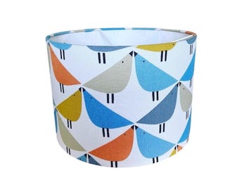 Handmade Designer Fabric Lampshade. Lintu birds, by Scion Uk. in Satsuma/ Pebble / sky colourway