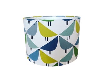 Handmade Designer Fabric Lampshade. Lintu birds, by Scion Uk. in Gecko /Pacific /Glazier colourway