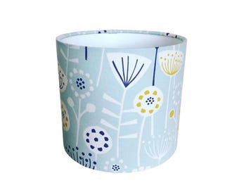 Fryetts Bergen Flowers Seafoam Drum Lampshade | Scandinavian Coastal Floral | Pale Blue Modern Ceiling or Table Lamp Shade