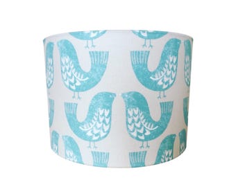 Iliv Scandi Birds Aqua Blue Drum Lampshade | Scandinavian Bird Print | Coastal Modern Lighting | Handmade Ceiling or Table Lamp Shade