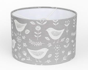 Handmade Fabric lampshade. 'Narvik' Scandi Birds by Fryett's in Grey
