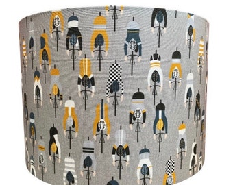 Handmade Fabric lampshade, Cycling in Ochre & Grey