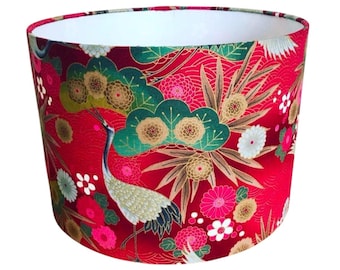 Handmade Fabric lampshade. Red Japanese Cranes with Metallic Gold detailing