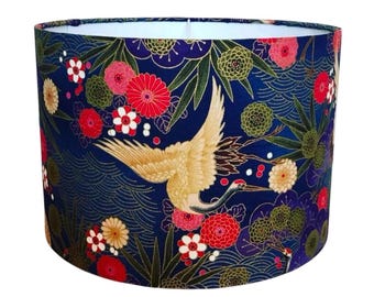 Handmade Fabric lampshade. Blue Japanese Cranes with Metallic Gold detailing