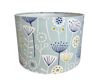 Fryetts Bergen Flowers Seafoam Drum Lampshade | Scandinavian Coastal Floral | Pale Blue Modern Ceiling or Table Lamp Shade