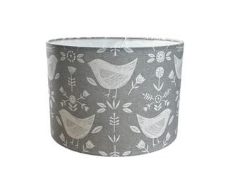 Handmade Fabric lampshade. 'Narvik' Scandi Birds by Fryett's in Grey