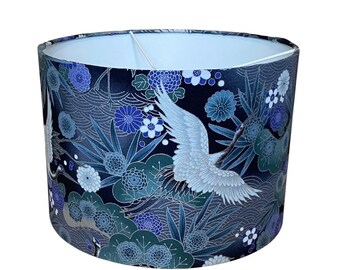 Handmade Fabric lampshade. Grey / Blue Japanese Cranes with Metallic Silver detailing