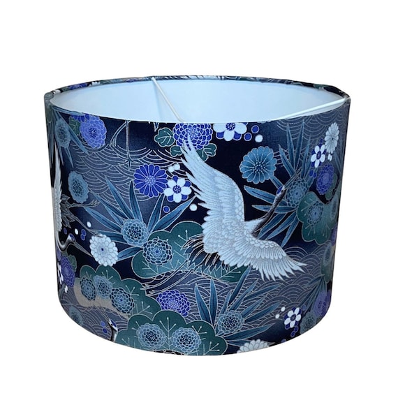 Japanese Crane Drum Lampshade | Oriental Bird Floral Lamp Shade | Navy Blue Metallic Statement Lighting | Handmade Table or Ceiling Shade