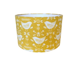 Fryetts Narvik Scandi Bird Lampshade | Ochre Mustard Drum Lamp Shade | Scandinavian Bird Lighting | Handmade Folk Style Shade