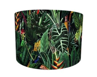 Handmade Fabric Lampshade Luxury Vibrant Green Velvet Exotic Tropical Anthurium Alocasia Print