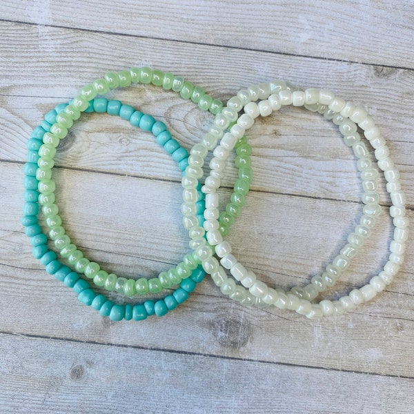 Seed bead sea glass sea foam blues light shades summer beach ocean bracelet set