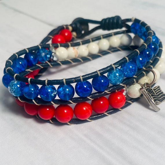 Leather beaded wrap bracelet Patriotic/Fourth of July/American flag/red white and blue