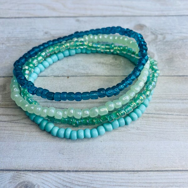 Seed bead sea glass sea foam blues summer beach ocean bracelet set