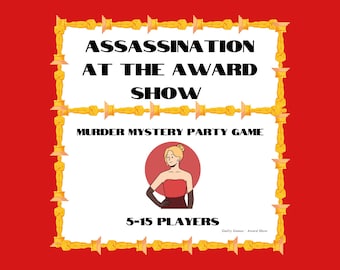 May include: A white card with a gold border featuring a cartoon illustration of a woman in a red dress and gold jewelry. The text on the card reads "Assassination at the Award Show Murder Mystery Party Game 5-15 Players".