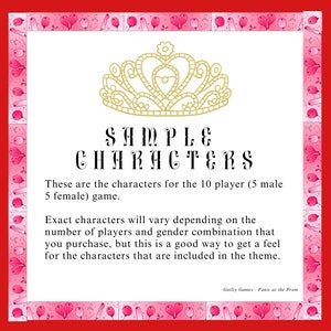 May include: A sample character card for a game called "Panic at the Prom". The card features a gold crown and the text "SAMPLE CHARACTERS". The text below the title explains that the characters will vary depending on the number of players and gender combination.
