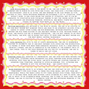 May include: A colorful graphic with text describing the bridesmaids for a wedding. The text includes the names of each bridesmaid and a brief description of their relationship to the bride and their personalities. The graphic is decorated with pink and yellow rings.