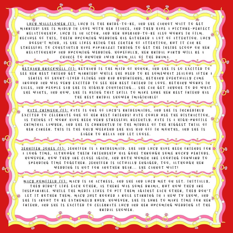 May include: A colorful graphic with text describing the bridesmaids for a wedding. The text includes the names of each bridesmaid and a brief description of their relationship to the bride and their personalities. The graphic is decorated with pink and yellow rings.