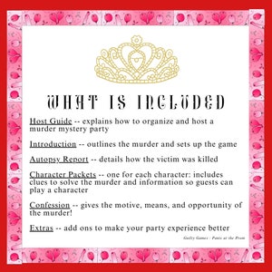 May include: A pink and white illustrated guide for hosting a murder mystery party. The title "What is Included" is written in a black font. The guide includes a host guide, introduction, autopsy report, character packets, confession, and extras.
