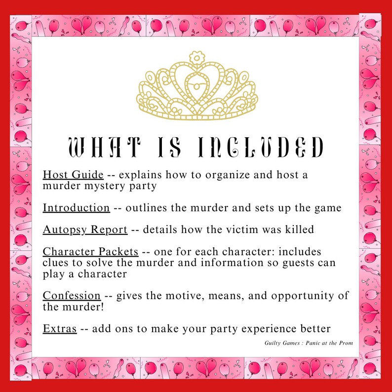 May include: A pink and white illustrated guide for hosting a murder mystery party. The title "What is Included" is written in a black font. The guide includes a host guide, introduction, autopsy report, character packets, confession, and extras.