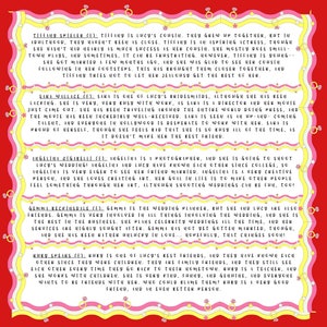 May include: A colorful graphic with text describing the friends and family of a bride-to-be. The text is in a pink and yellow font with a red border. The graphic is surrounded by a pink and yellow border.