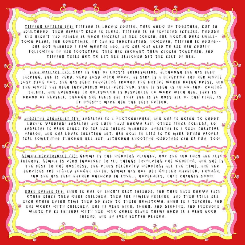 May include: A colorful graphic with text describing the friends and family of a bride-to-be. The text is in a pink and yellow font with a red border. The graphic is surrounded by a pink and yellow border.
