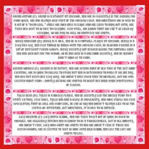 May include: A pink and white illustrated poster with text about different high school students. The poster has a pink background with white polka dots and white hearts. The text is in black and white and describes the students' personalities and interests.