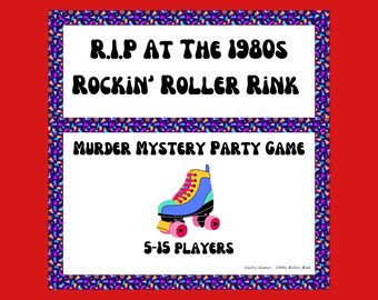 Puede incluir: Una tarjeta de juego colorida con un diseño retro de los años 80. La tarjeta presenta un patín y el texto "RIP at the 1980s Rockin' Roller Rink Murder Mystery Party Game 5-15 Players".
