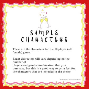 May include: A sample character card for a bachelorette party game. The card has a pink and yellow border with a ring design. The text on the card reads "SAMPLE CHARACTERS" and includes information about the game.