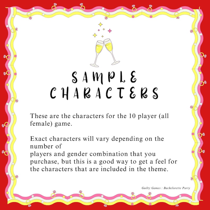 May include: A sample character card for a bachelorette party game. The card has a pink and yellow border with a ring design. The text on the card reads "SAMPLE CHARACTERS" and includes information about the game.