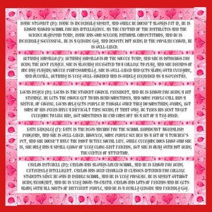 May include: A colorful illustration of a pink and red background with white text describing the personalities of ten different students. The text includes the student's name, gender, and a brief description of their personality.