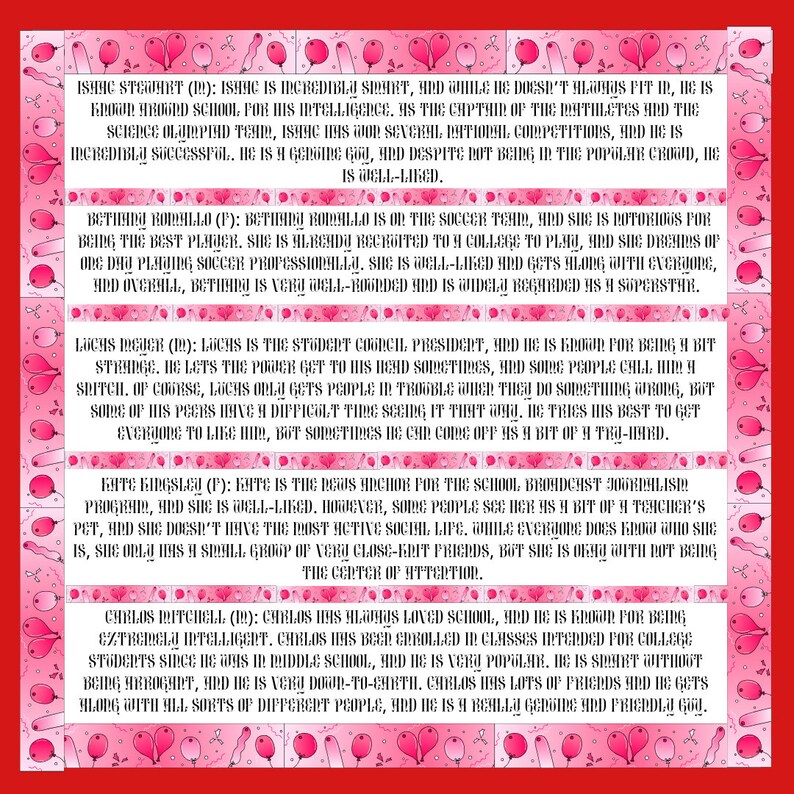 May include: A colorful illustration of a pink and red background with white text describing the personalities of ten different students. The text includes the student's name, gender, and a brief description of their personality.