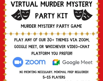 Virtual Murder Mystery Party Game with 30+ Themes to Choose From, Zoom for 5-15 Players, digital files delivered via email within 24 hours