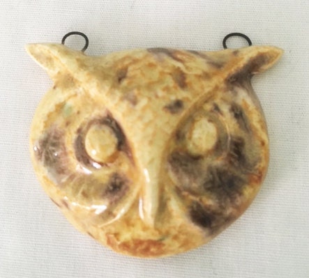 Ceramic Owl Face Pendant with two hangers, Owl head, lightweight, Owl Face Pendant, Tan Brown Owl, B