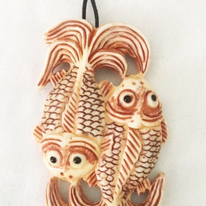Koi Double Fish Pendant, Carved, Red Tan Black, Size: 53mm