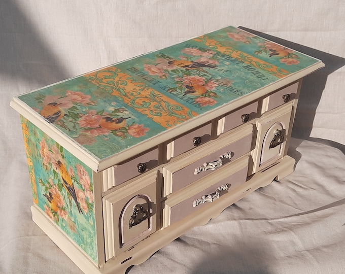 Jewellery Drawers vintage jewellery cabinet.armoire,butterfly.birds,decoupage.vintage jewelry box.antique Large shabby chic drawers