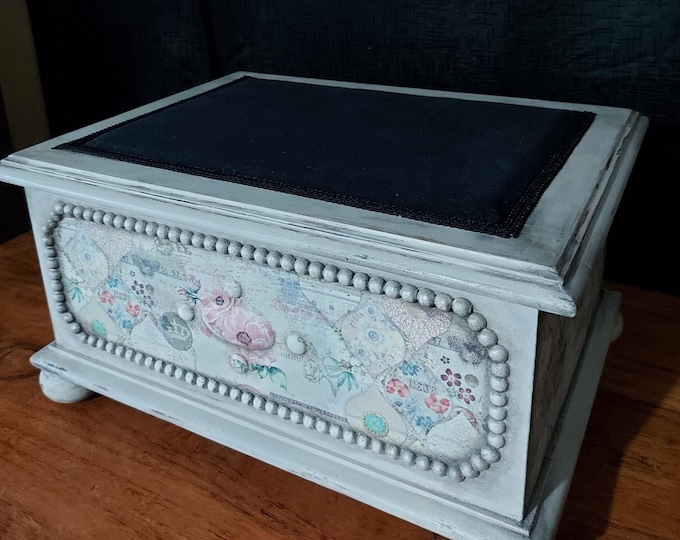 Vintage Shabby chic sewing box, knitting box, crochet storage box, storage box, jewelry box,grey, butterfly, decoupage wooden box