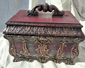 Antique tea chest,circa 1880,upcycled jewelry chest,antique chest,spice box,curved burgundy spice box