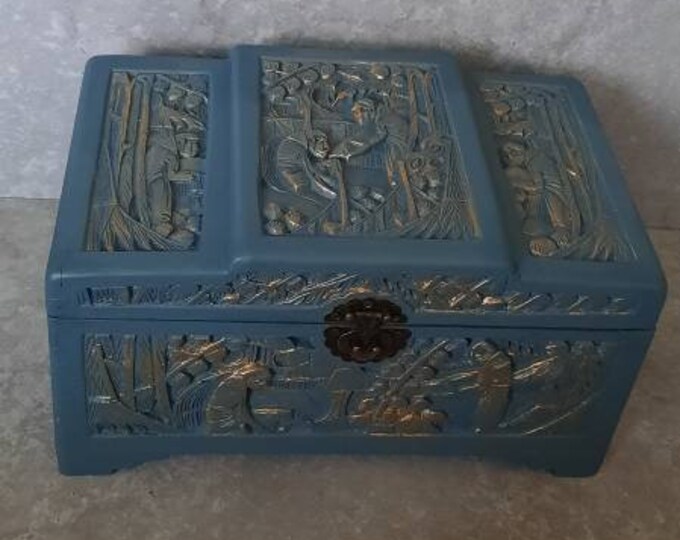 Oriental Jewellery Box.oriental camphor chest.memory/keepsake box,oriental box.antique jewellery box.chinese box.teal gold silk.refurbished