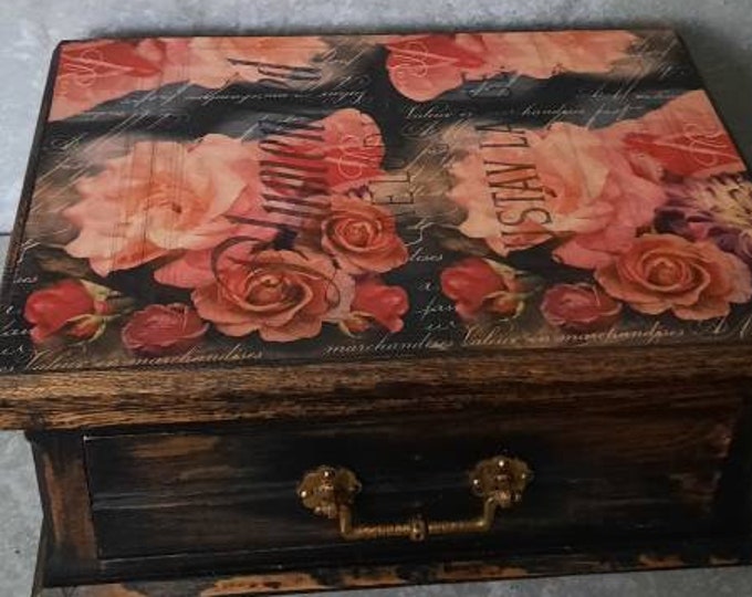 Vintage box drawer.upcycled. jewelry box.pink & black.antique letter box.vintage trinket box.hand decorated jewellery box.pink jewellery box