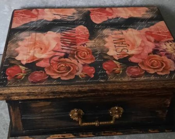 Vintage box drawer.upcycled. jewelry box.pink & black.antique letter box.vintage trinket box.hand decorated jewellery box.pink jewellery box