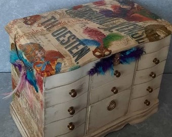 large vintage,chest drawers,butterfly box,paris,vintage music paper,lace Musical Jewelry box,jewellery cabinet,shabby chic jewellery box