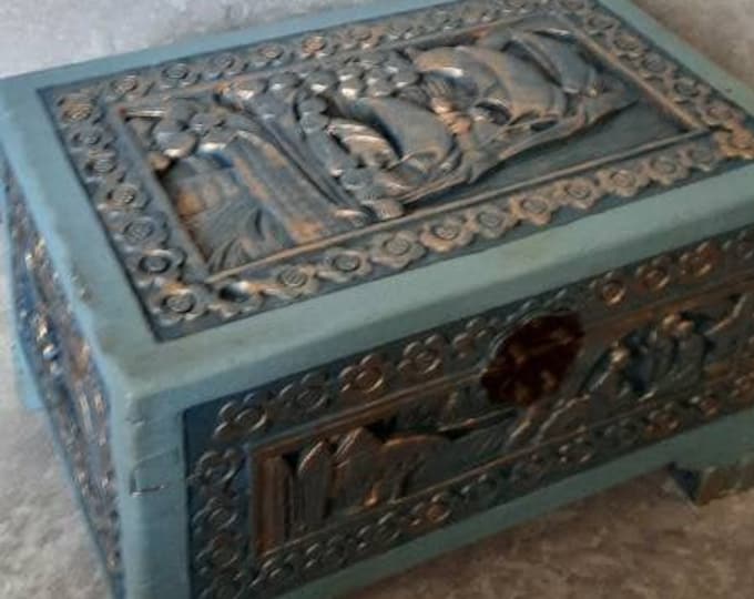Oriental camphor chest.large Antique oriental jewellery box teal.cir1900.antique chest.large asian box.large stash box.oriental carved chest