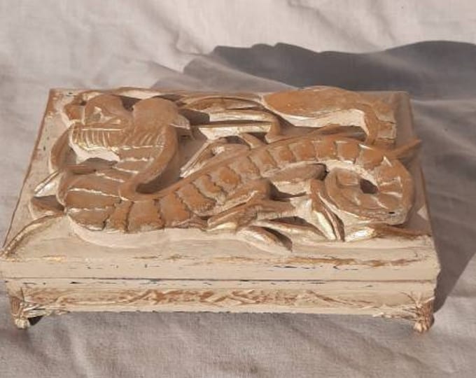 Oriental Dragon box.Antique jewelry box,circa 1880-1900,carved dragon.antique box,antique Chinese trinket box.oriental box.cream-decoupage